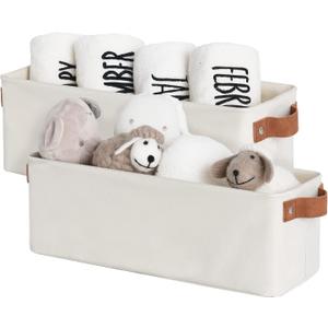 StorageWorks Narrow Storage Bins, Small Basket for Closet and Shelves, Fabric Organizer with Handles, Toilet Paper Storage, Beige, 2-Pack (15"L x 6"W x 5"H)