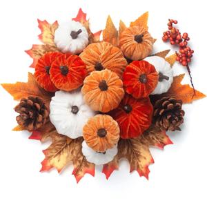 GHGMAO 21 PCS Fall Artificial Velvet Pumpkins Set, Fake Fabric Pumpkin Faux Foam Pumpkins, Orange Khaki White Pumpkin Decorations for Fall Harvest Thanksgiving Halloween Farmhouse Table Centerpiece