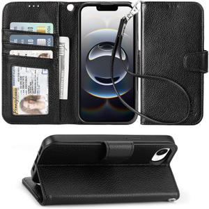 Arae Compatible with iPhone 16e Case Wallet with Card Holder,Wristlet Strap Wallet Flip Cover for iPhone 16e 6.1 inch Men/Women, RFID Blocking, Kickstand, Litchi Black