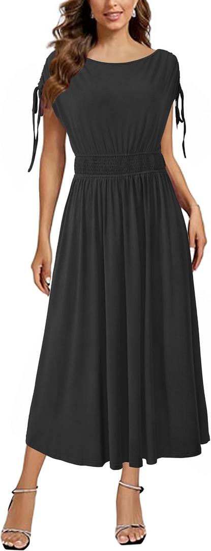 Newshows Womens 2025 Summer Drawstring Cap Sleeve Boat Neck Smocked Casual Vacation Outfits Vestidos Midi Dress (Black, S)