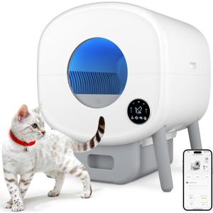Cumrige Self Cleaning Litter Box, Large Capacity Automatic Cat Litter Box Self Cleaning for Cats, App Control, Safety Protection, 2 Roll Garbage Bags,White & Grey