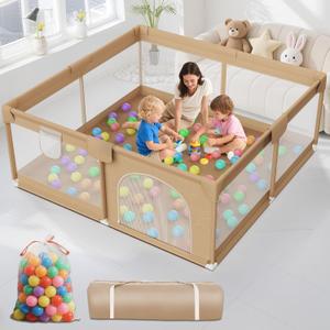 Large Baby Playpen 64x64 Inch Play Pen Playards,Playpen for Babies and Toddlers with 50 Ocean Balls-Sturdy Safety Baby Fence Play Area with Soft Breathable Mesh for Indoor & Outdoor,Khaki