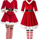 Women's Christmas Costume Set Velvet Dresses Party Dresses Women's Christmas Gowns Christmas Hat Gloves for Cosplay Size L