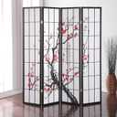 Roundhill Furniture Black Japanese 4-Panel Screen Room Divider, Plum Blossom