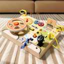 Wooden Busy Board for Kids Driver Toy Analog Steering Wheeling with Light for Toddlers Sensory Travel Montessori Activity