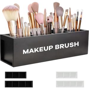 Suli Large Makeup Brush Holder Organizer, Wooden Cosmetic Brushes Storage with 4 Slots, Eyeliners Display Case for Vanity Desktop Bathroom Countertop -Black