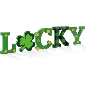 Fangoo Lucky Charm Sign St Patricks Day Tabletop Centerpiece Decorations St Patrick’s Wooden Mantel Decor Irish Shamrock Freestanding for Fireplace Home Tiered Tray Office Party Supplies