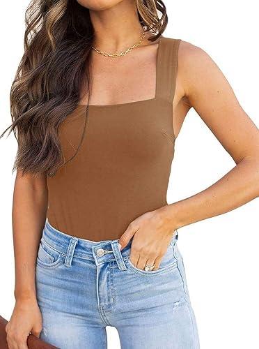 REORIA Women Tank Bodysuit Square Neck Sleeveless Tank Top Basic Slim Bodysuit for Female, S