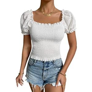 SOLY HUX Women's Square Neck Puff Short Sleeve Frill Shirred Smocked Crop Tops Blouse, White, XL