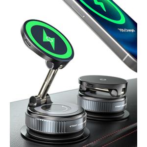 15W Wireless Charger Magnetic Car Phone Holder [Vacuum Suction Cup] 360 Adjustable & Foldable Car Mount for Dashboard/Windshield/Smooth Surface [Compatible with MagSafe] for iPhone/Samsung