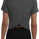 Mippo Workout Tops for Women Cropped Split Back Athletic Gym Exercise Shirts Loose Fit (Medium, Dark Gray)