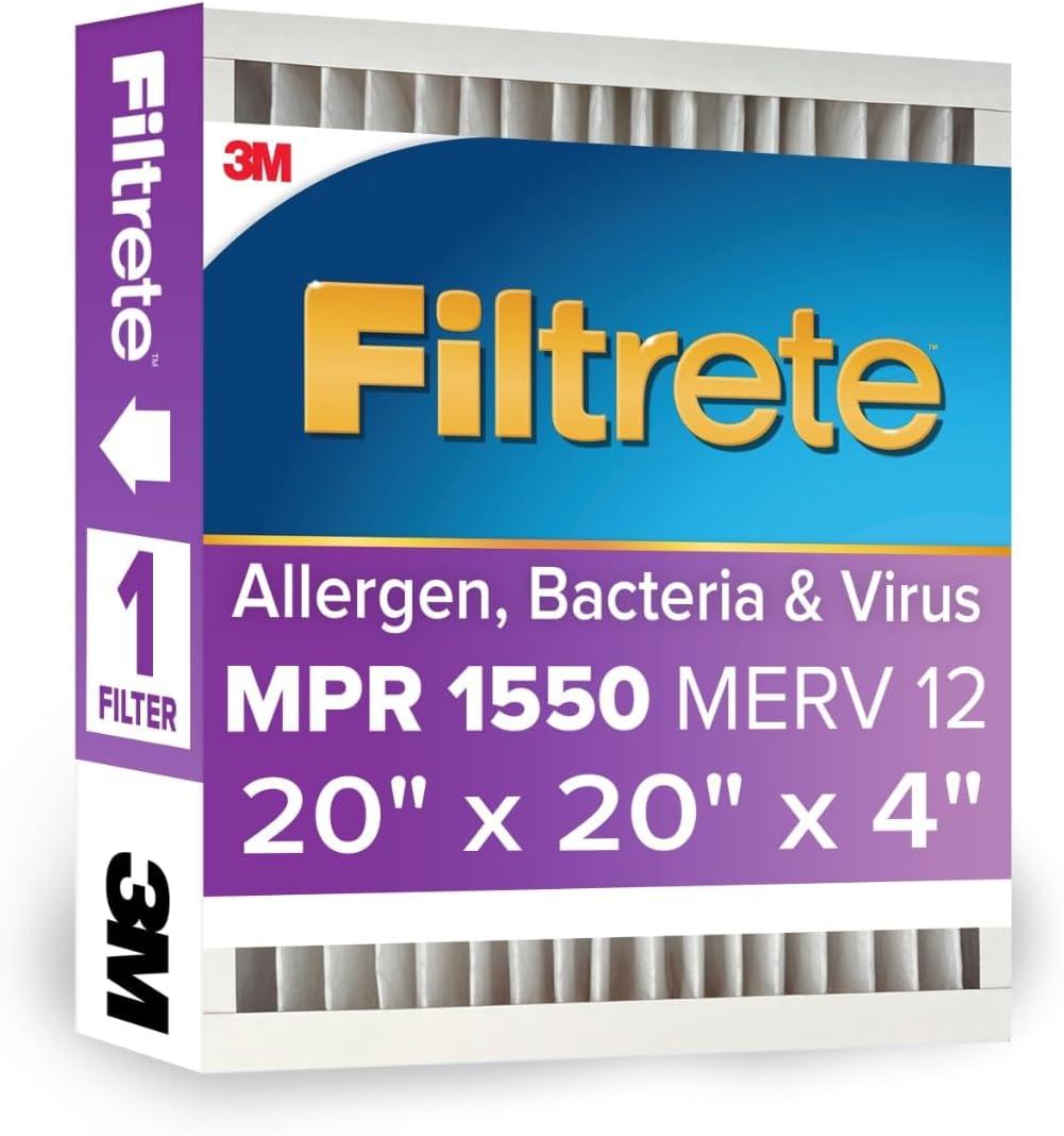 Filtrete 20x20x4 AC Furnace Air Filter, MPR 1550, MERV 12, Fits Honeywell, CERTIFIED Asthma & Allergy Friendly, Electrostatic Air Cleaning Filter, (Actual Size 19.88x19.88x4.31 in)