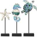 Tradder 3 Pcs Summer Ocean Tabletop Decor Standing Sea Turtle Starfish Seahorse Block Wooden Table Centerpiece Sign Coastal Beach Nautical Table Decor for Home Kitchen