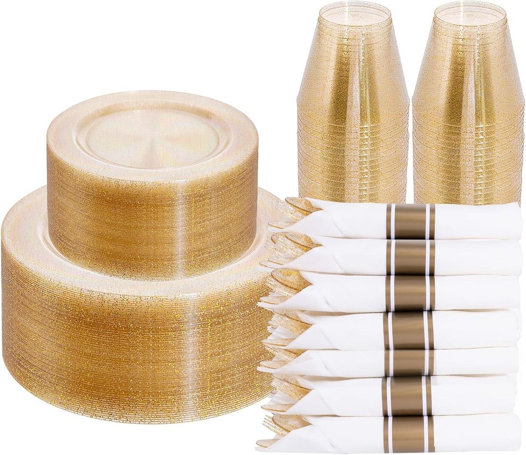 DaYammi 210PCS Gold Glitter Plastic Dinnerware Set for 30 Guests, Fancy Disposable Plates for Party, Include: 30 Dinner Plates, 30 Dessert Plates, 30 Pre Rolled Napkins with Gold Silverware, 30 Cups