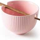 Ceramic Ramen Bowl with Matching Chopsticks, Soup Bowls for Udon Soba Pho Asian Noodles, Dishwasher and Microwave Safe, 28 oz (Bowl-Pink)