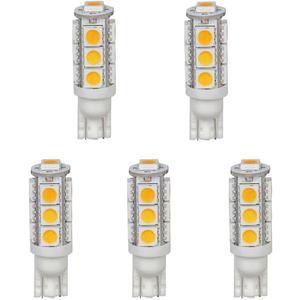 T10WG13T-WW 12V DC T10 Wedge 194 921 168 Ultra Bright 13-LED 5050 SMD LED Bulb, 5-Pack, Warm White/Soft White 3000K