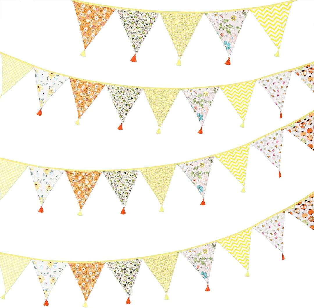 G2PLUS 10.8Ft Cotton Triangle Bunting Banner 12pcs Yellow Floral Fabric Pennant Flag with Tassels, Double Side Triangle Banner Garland for Weddings, Birthdays, Garden & Baby Showers