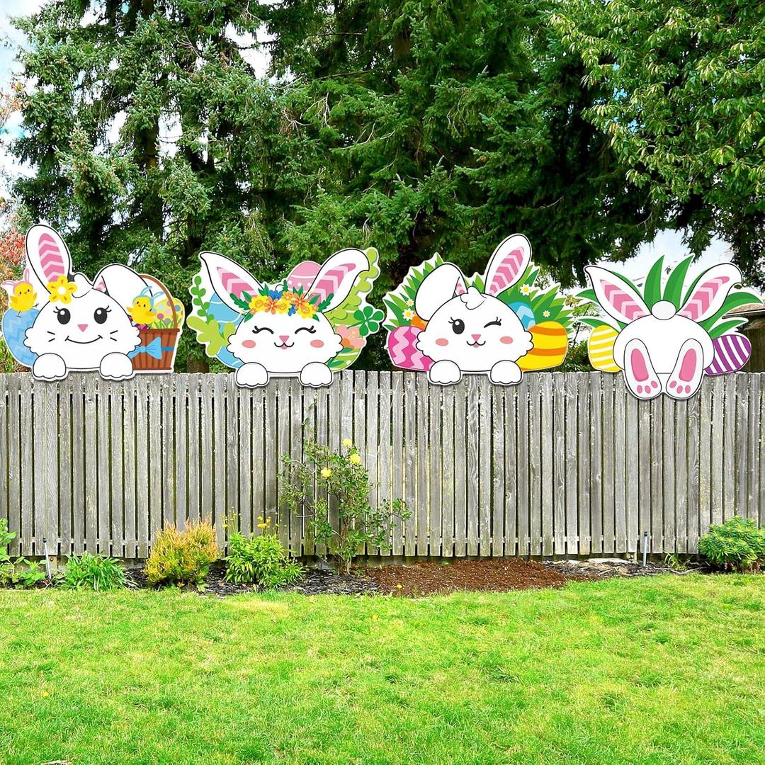 Chunful 4 Pieces Easter Yard Signs Decorations Easter Fence Peeker Bunny Eggs Peeking Garden Yard Signs Funny DIY Outdoor Decorations Happy Fence for Holiday Garden