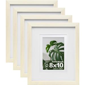 Egofine 8x10 Picture Frames Set of 4, Made of Solid Wood Covered by Plexiglass 4x6 and 5x7 with Mat or 8x10 without Mat, for Table Top Display and Wall Mounting Photo Frame Beige