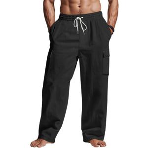 Mens Casual Cargo Pants Summer Vacation Lightweight Drawstring Pants Elastic Waist Beach Yoga Trousers with Pockets, Size XL