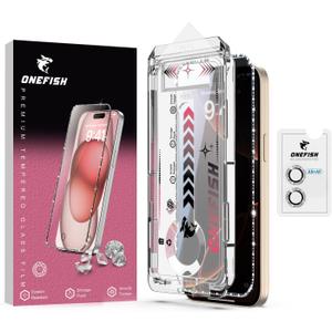 OneFish Women Fashion Privacy Screen Protector for iPhone 14 [6.1 inch]+ Camera Lens Protector, Sparkling Diamond Bling Edge 9H Tempered High-Definition Glass