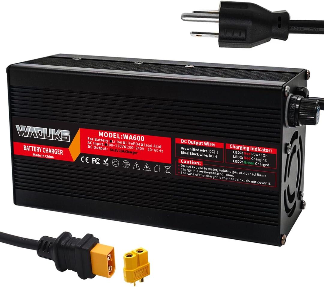 54.6V 10A Li-ion Battery Smart Charger with Output XT60 Male Connector with Cooling Fan Safe and Stable Used for 13S 48V Lithium Lipo Battery Pack Fast Charger