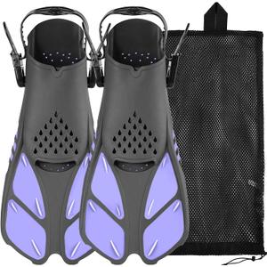 Sugaroom Swim Fins Open Heel, Adjustable Snorkel Fins Diving Fins with Mesh Bag, Snorkeling Gear Flippers Travel Size Short Flippers for Lap Swimming Scuba Dive Adult Men Women Kids (Purple), Size: L/XL(Adult US Size 9-13)
