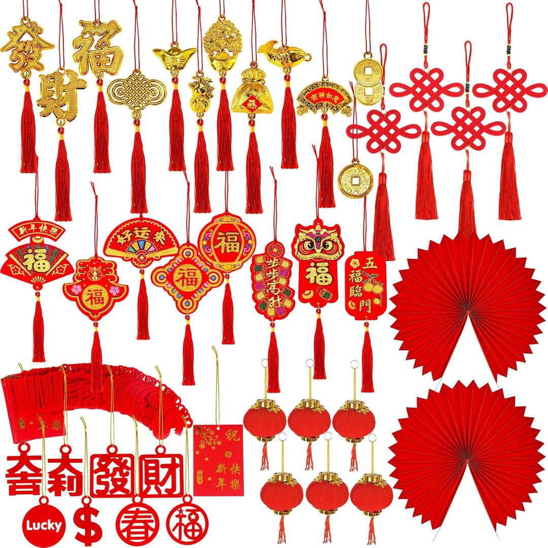 Winlyn 106 Pcs Chinese New Year Decorations Chinese Hanging Good Luck Ornaments Red Lanterns Festive Tree Ornaments Paper Fans for Asian Chinese Lunar New Year 2026 Year of The Horse Party Decor