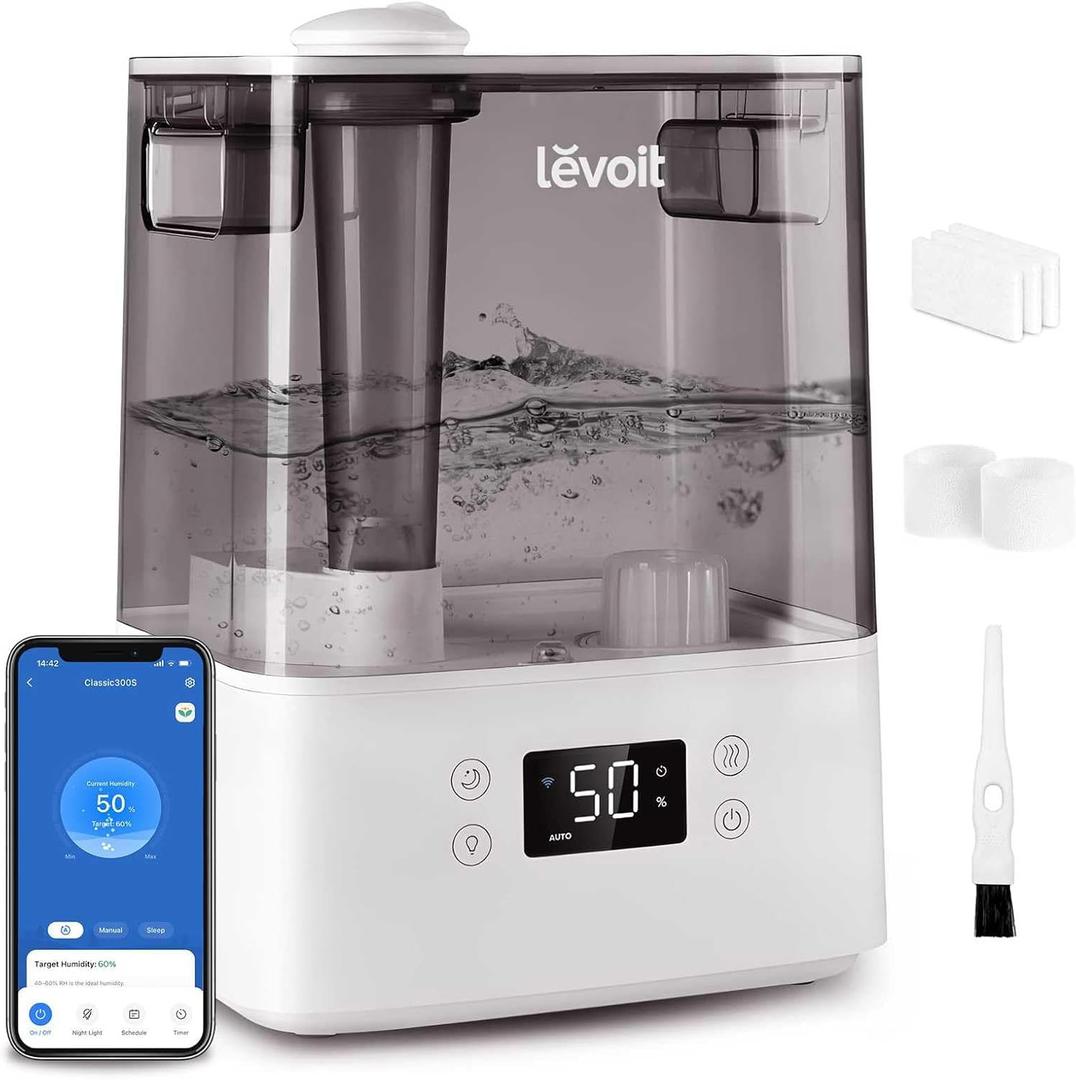 LEVOIT Smart Humidifiers for Bedroom Large Room Home,(6L) Cool Mist Top Fill Essential Oil Diffuser for Baby & Plants, Smart App & Voice Control, Rapid Humidification & Auto Mode-Quiet Sleep Mode, Gray 
