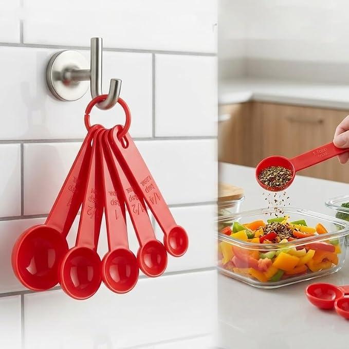 6 Pieces Red Measuring Cups and Spoons, Stackable Plastic Kitchen Gadgets for Baking