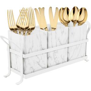Kitchen Utensil holder for Countertop, Silverware Caddy,Marble White Cutlery Holder Utensils Organizer for Party Gatherings, Metal and Durable Design