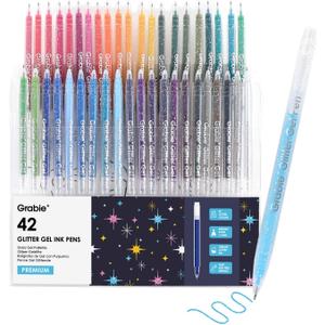 Grabie 42 Capped Glitter Gel Pen Set, 18 Iridescent&24 Essential Color Pens, Smooth Rollerball Tip, Metallic Sparkly Gel Pens for Coloring, Set of 42 Gel Pens Colored