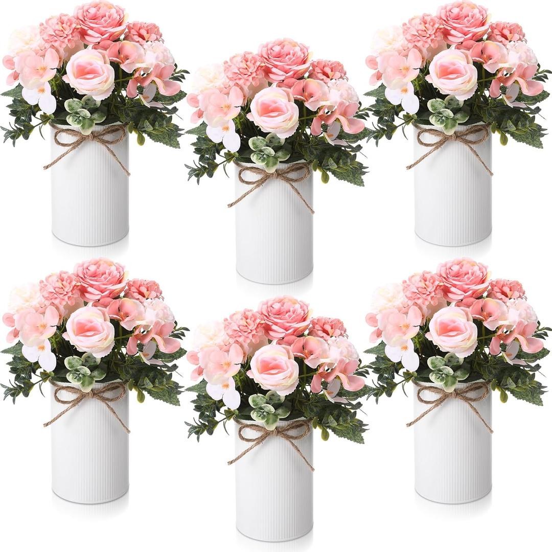 Domensi 6 Sets Wedding Centerpiece for Table Decoration Blush Pink Artificial Fake Rose Flower with Metal Vase Faux Silk Rose Bouquet Floral Arrangement for Bridal Shower Home Dining