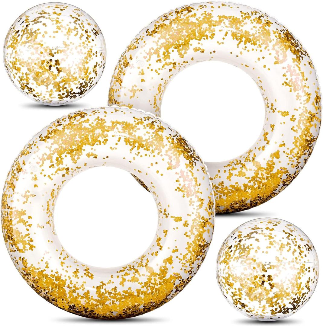 Hungdao 4 Pcs Glitter Inflatable Pool Float Tube Confetti Swim Ring and Glitter Beach Ball Confetti Inflatable Beach Ball for Adult Teens Summer Pool Favor(Gold)