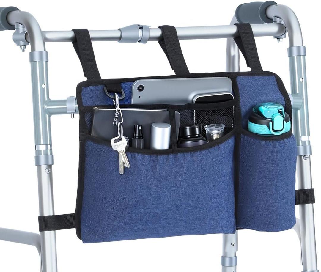 Premium Walker Bag with Cup Holder, Large Capacity Walker Basket for Folding Walkers, Blue Waterproof Oxford Cloth Walker Storage Bags, Walker Accessories for Seniors Elderly, Handicap