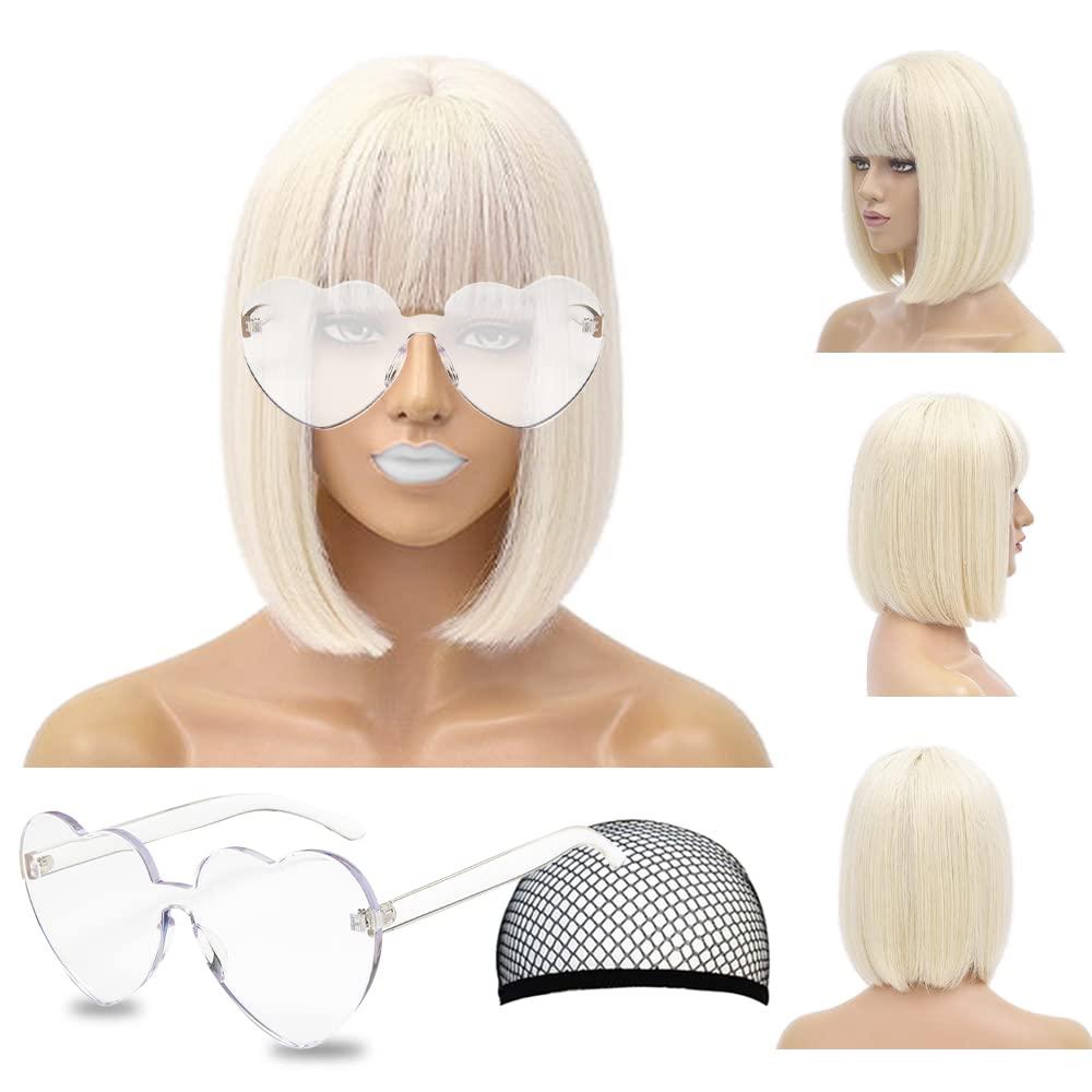 LIULIUBTY Short Bob Hair Wigs Straight with Flat Bangs Synthetic Colorful Cosplay Daily Party Neon Wig for Women + Free Wig Cap 12" Natural As Real 10" Heat Resistant Synthetic Hair,Blond