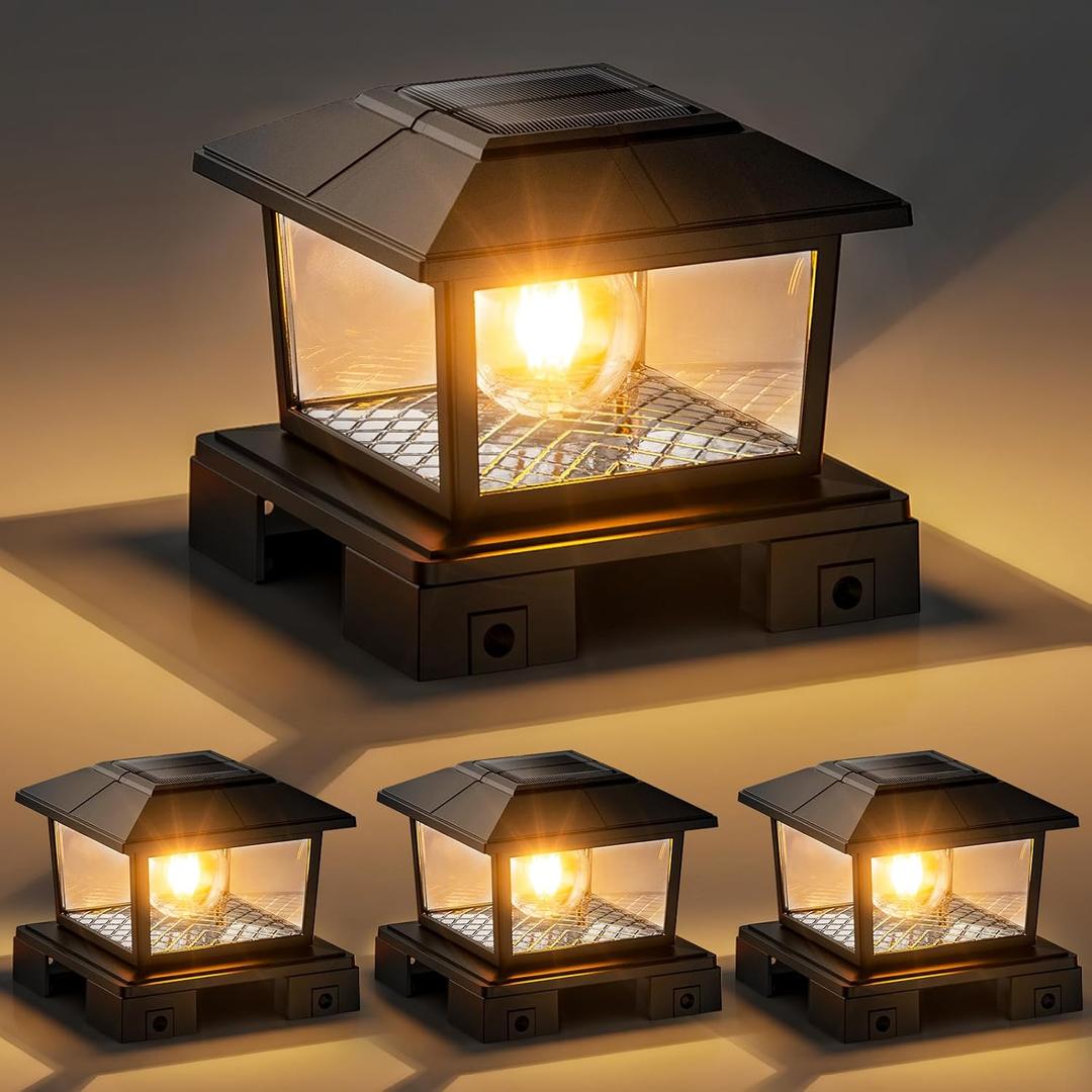 VOLISUN Solar Post Cap Lights Metal - Black Solar Fence - Post Lamps, Adjustable Base (3.5x3.5 to 6x6 Vinyl Posts),Edison Buld, Warm/Cool Light for Yard Fence Deck(4Pack)