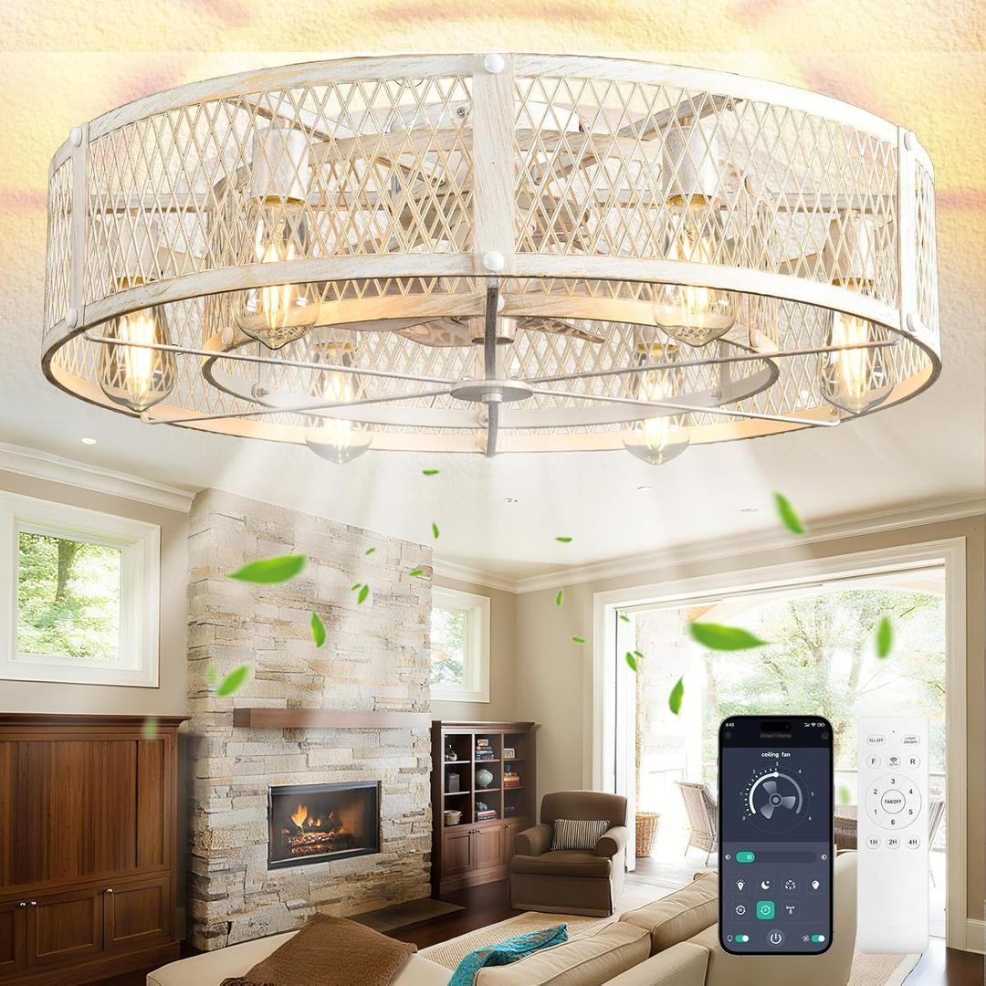 Depuley Modern Ceiling Fans with Light: Cement Flush Mount Ceiling Fans with Remote  26 in Industrial Farmhouse Low Profile Fandelier Ceiling Fan Light Fixture for Kitchen Bedroom Dining Room