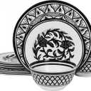 Melamine Dinnerware Sets-12pcs Melamine Plates and Bowls Set, Unbreakable, Dishwasher Safe, Indoor Outdoor Use, Black Pattern
