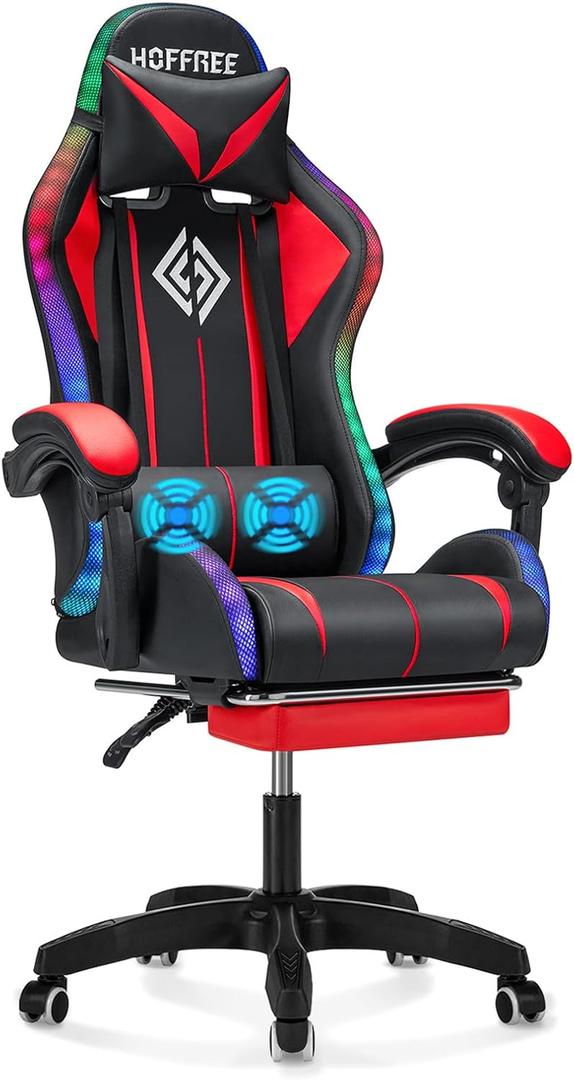 Gaming Chair Massage with LED RGB Lights and Footrest Ergonomic Computer Gaming Chair with High Back Video Game Chair with Adjustable Lumbar Support Red and Black