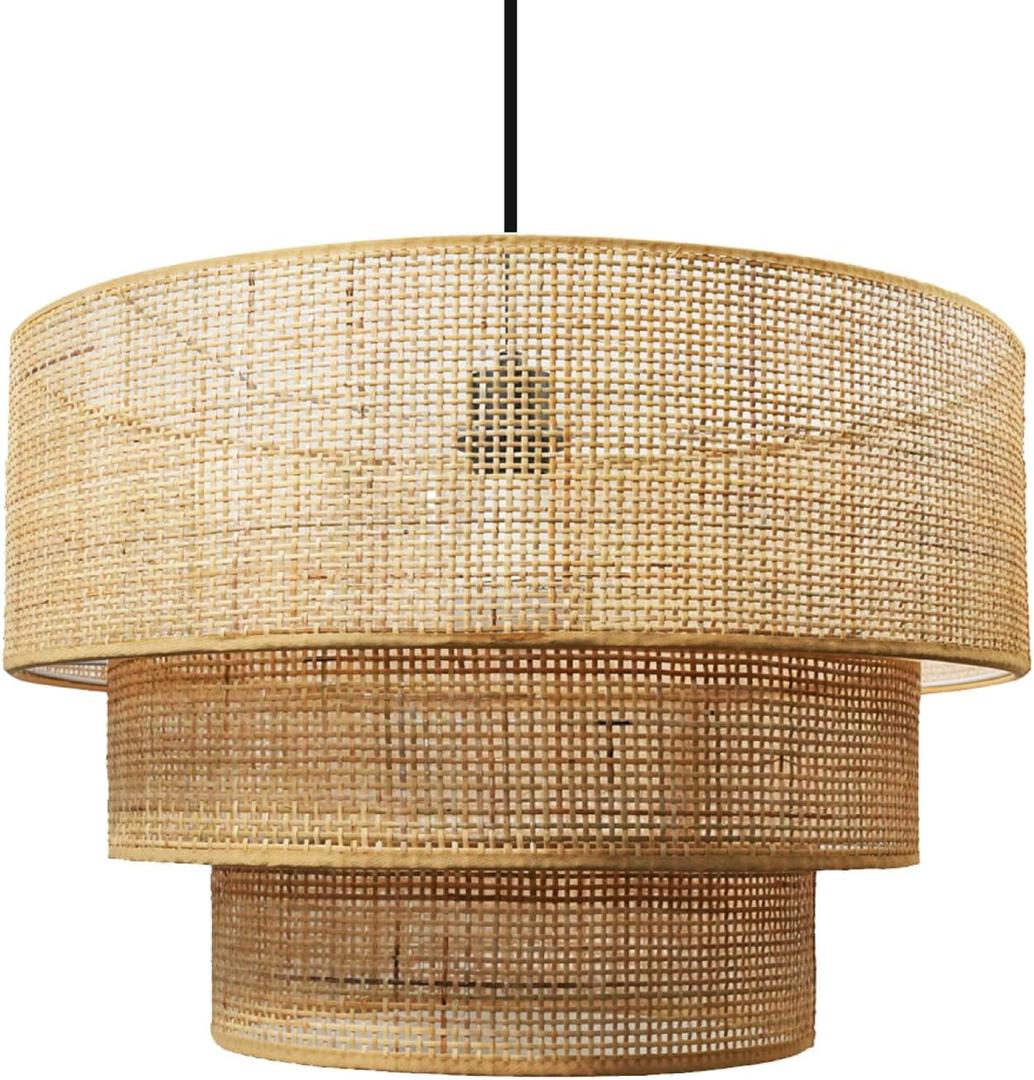19.7" Modern Rattan Pendant Light, Natural Woven 3-Tier Cylindrical Chandelier, Boho Ceiling Lamp for Dining Room