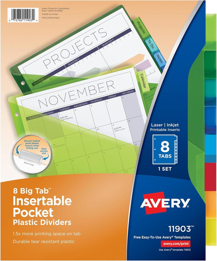Avery Insertable Plastic Dividers for 3 Ring Binders, 8 Tabs per Set, Big Tabs, One Pocket, Multicolor Binder Dividers, Works with Sheet Protectors (11903)