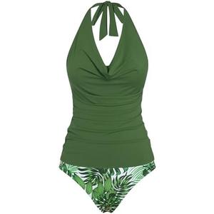 ZAFUL Women's Halter Two Piece Tankini Swimsuit Cowl Neck Swim Tank Top High Waisted Tummy Control Bathing Suits, XL