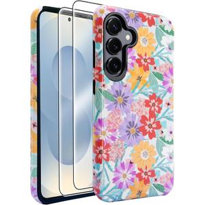 J.west Compatible with Samsung Galaxy S25 Case 6.2 inch with 2 Pack Tempered Glass Screen Protectors Cute Floral Flowers Hybrid Cover for Girls Women Aesthetic Protective Phone Cases Pink Spring