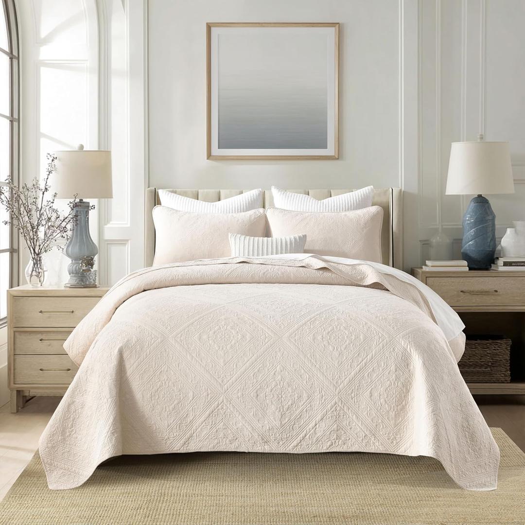 Beige BeddingCotton King Size Comforter SetGeometric Matelasse Quilt SetSoft Cotton Quilt Solid Color Lightweight Bedspread All Seasons 3 Piece