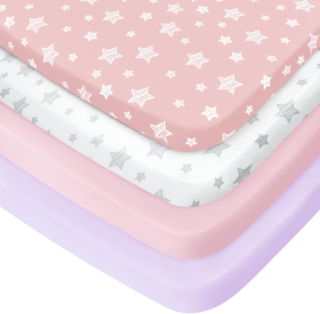 Pack and Play Sheets Girl, 4 Pack Mini Crib Sheets, Stretchy Pack n Play Playard Fitted Sheet, Compatible with Graco Pack n Play, Soft and Breathable Material, Pink (39"X27")