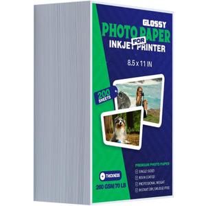 Inkjet Photo Paper 8.5x11 Inches,Glossy 200 Sheets 70 lb/260 gsm Premium Thick Single Sided Heavyweight Photographic Paper for Inkjet Printer Instant Dry Professional Postcard Picture Use Dye Ink