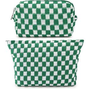 SOIDRAM 2 Pieces Makeup Bag Large Checkered Cosmetic Bag Capacity Canvas Mix Travel Toiletry Bag Organizer Cute Makeup Brushes Aesthetic Accessories Storage Bag for Women, Checkered Mix Green