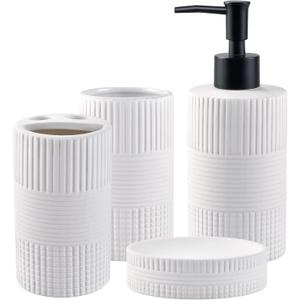 Bathroom Accessories Set of 4, Ceramic Bathroom Sets Complete-Toothbrush Holders, Soap Dispenser, Soap Dish, Toothbrush Cup, Modern Farmhouse Bathroom Decor, Bathroom Organizer for Countertop