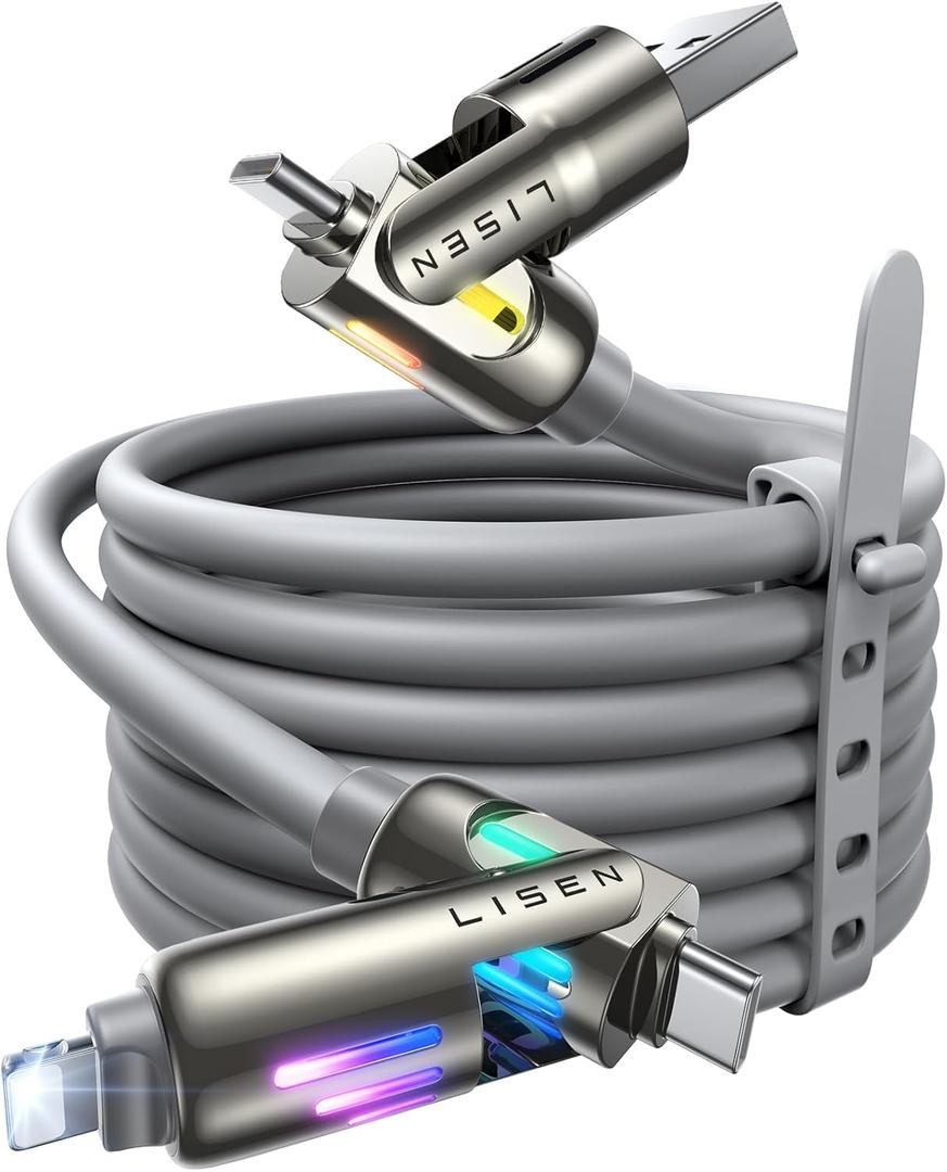 LISEN USB C to Lightning Cable, Chubby 240W 4 in 1 Charging Cable 6.6FT, USB A/C to C/Lightning with Light for iPhone Charger Fast Charging iPhone Air 17 16 15 14 Pro/MacBook/iPad/Samsung/Switch 2